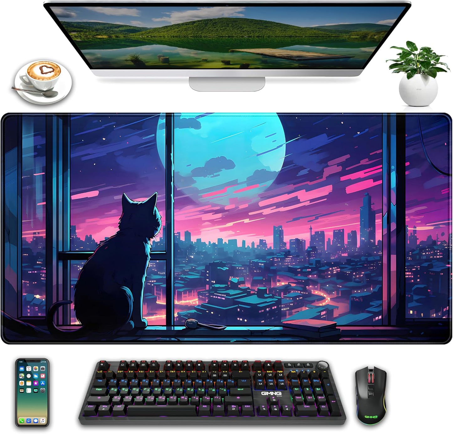Cool Purple Kawaii Anime Moom Cat Desk Mat XXL Large Gaming Mouse Pad, Cute City Cats Desk Pad for Gamer Girl Women Office Desk Decor Mousepad, Computer Laptop Keyboard and Mouse Mat 31.5x15.75 in
