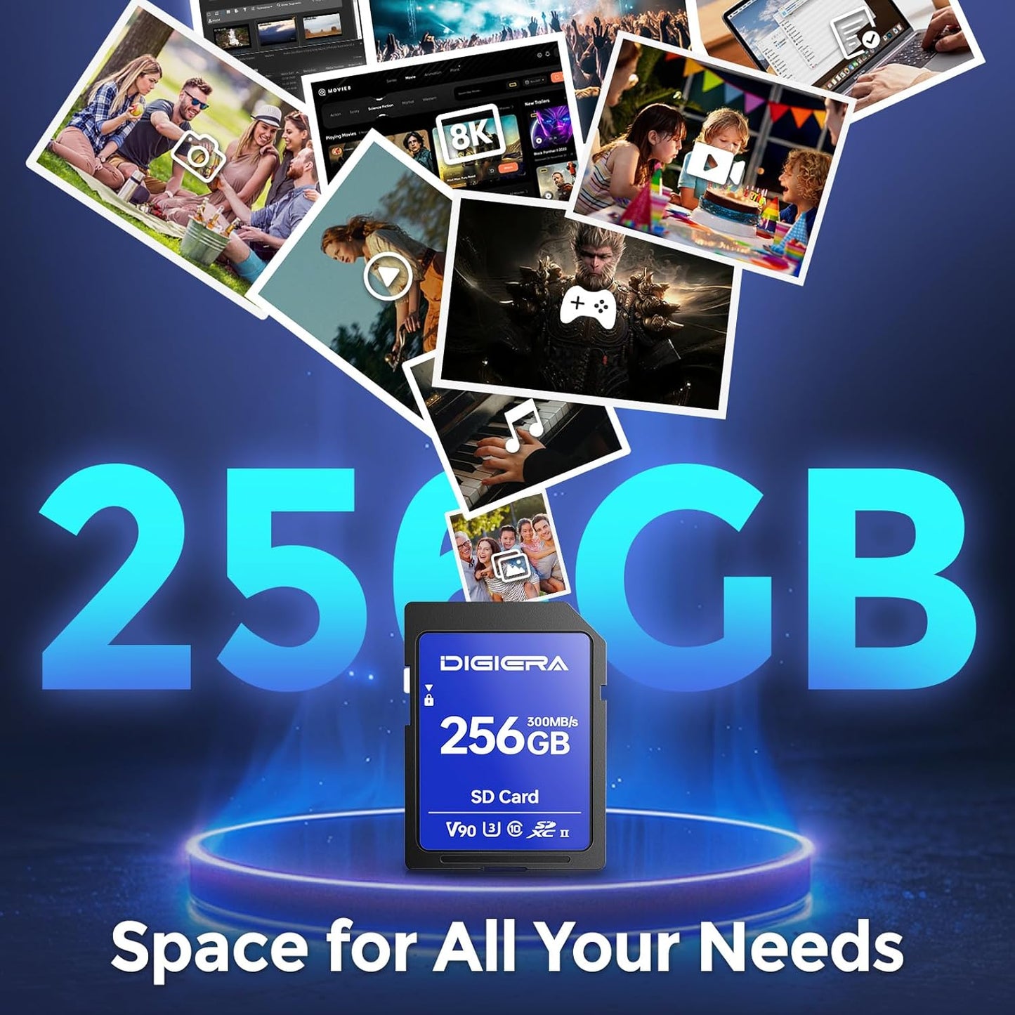 256GB LSU200 SDXC UHS-II Memory Card - up to 300MB/s, C10, U3, V90, 8K, SD Card for Computers, Digital Cameras, Home Theatre Devices, Car Navigation Systems (1 Pack)