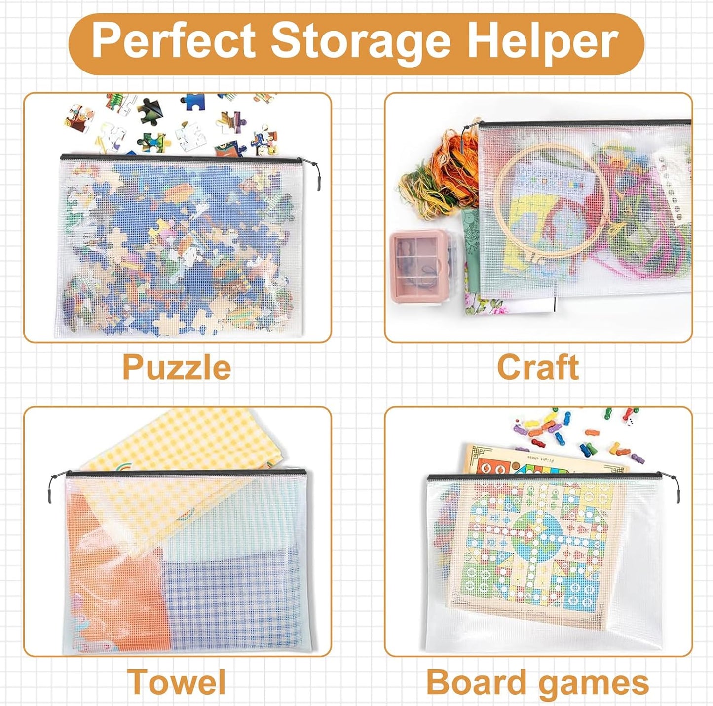 12pcs Mesh Zipper Pouch Puzzle Storage Bags A3 17x12 Inches Large File Bags Black Reusable Zipper Pouches for Organizing, Classroom Board Game Organization