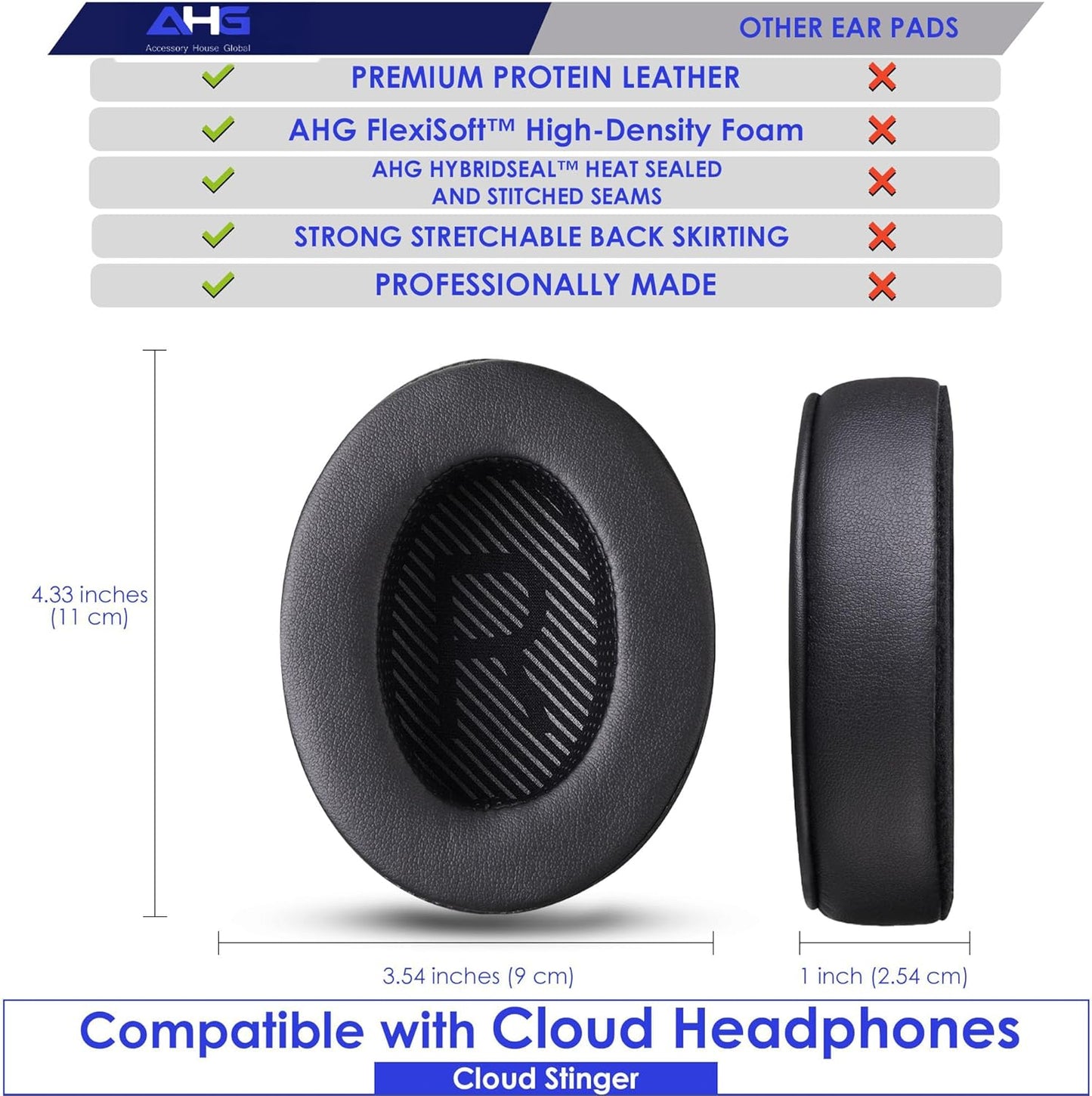AHG Upgrade Premium Replacement Cloud Stinger Ear Pads Cushions and Headband Cover. Compatible with Kingston HyperX Cloud Stinger Headset. Premium Protein Leather | Extra Thick AHG FlexiSoft Foam