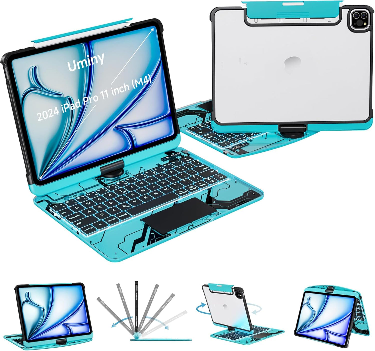 iPad Keyboard Case for 2024 M4 iPad Pro 11 inch, Magic Wireless Keyboard with Trackpad 7 Color Backlit, 360° Rotating Stand Transparent Protective Cover with Pencil Holder (Cyan)