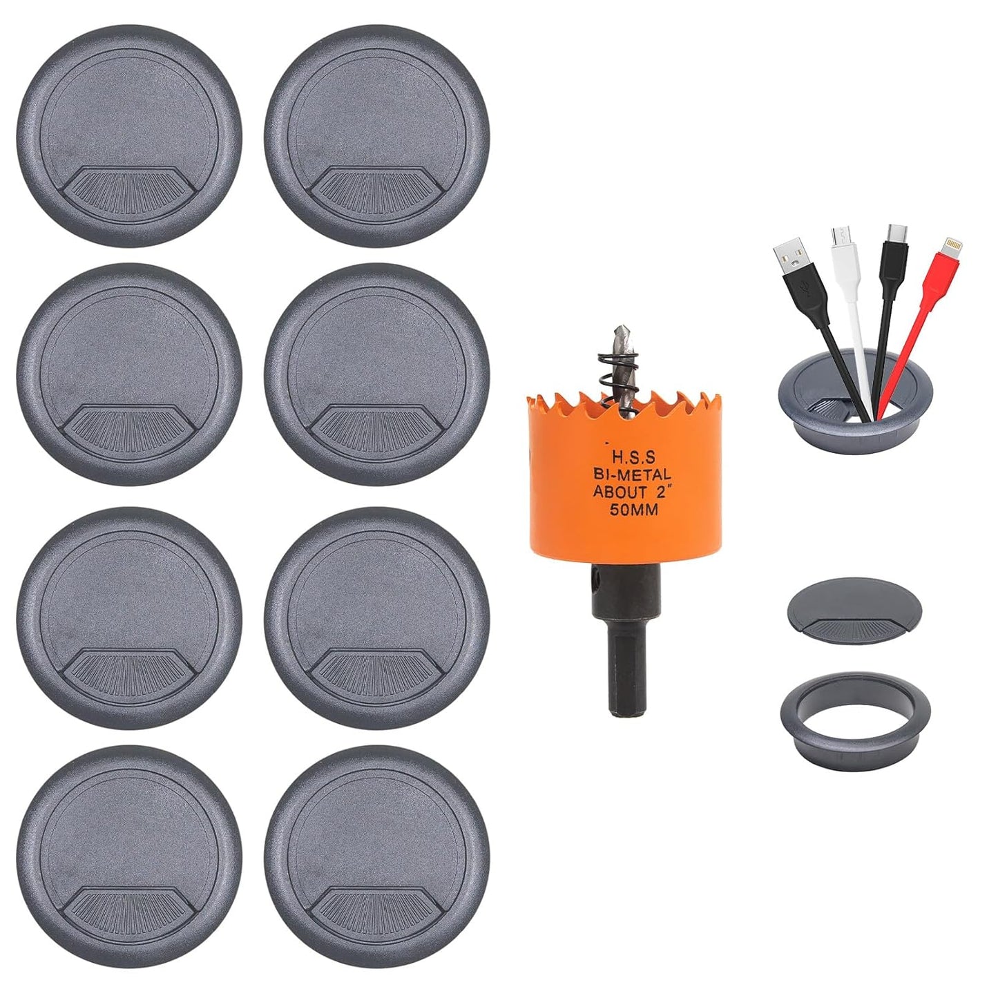 Desk Grommet 2 inch with Hole Saw, Desk Cord Hole Cover Grommet for Cables, 8 PCS, Black