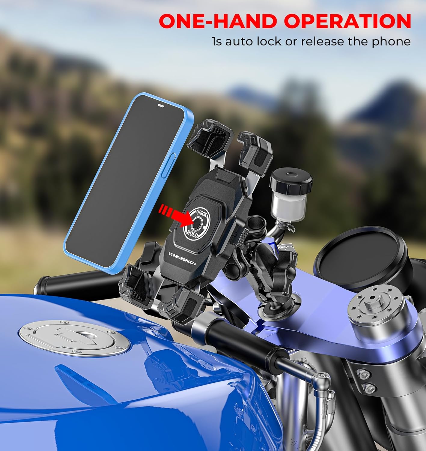 Motorcycle Fork Stem Phone Mount with Vibration Dampener, Motorcycle Cell Phone Holder with Aluminum Alloy Anti-Theft Short Arm, Fit 12mm to 25.4mm Diameter Stem Tubes, for 5.5"-7.2" Phones