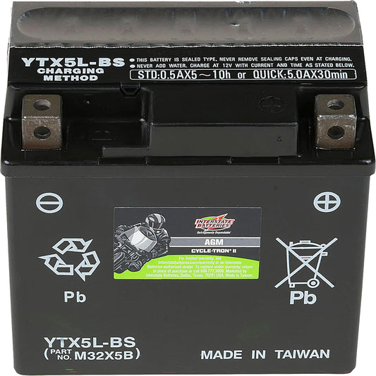 Interstate Batteries YTX5L-BS 12V 4Ah Powersports Battery 80CCA AGM Rechargeable Replacement for Kawasaki, Polaris, KTM Motorcycles, ATVs, Scooters, Bikes (CYTX5L-BS/CITX5L-BS)