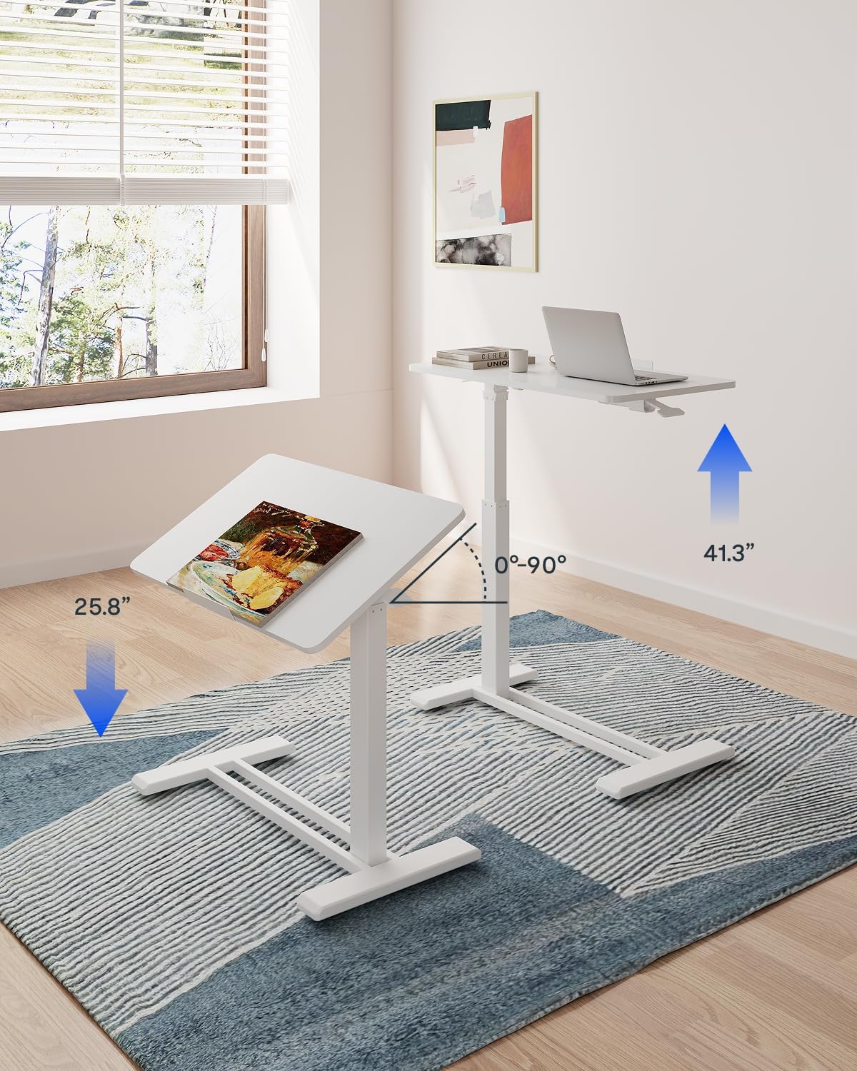 FLEXISPOT H7 PRO Mobile Standing Desk Adjustable Overbed Table Pneumatic with Wheels 90°Tiltable Portable Laptop Desk Rolling Computer Cart Foldable Bedside Table(27.6" W x 15.7" D, White)