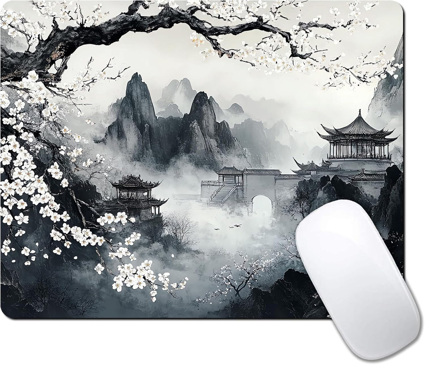 Japanese Aesthetic Landscape Painting Custom Mouse Pad with Non-Slip Rubber, Small Square Design for Wireless Laptop & Computer Mouse Pads for Desk, 9.5 x 7.9 inch Smooth Surface for Gaming & Office