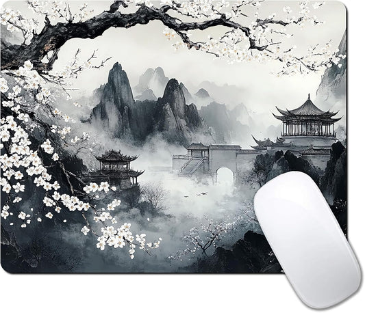 Japanese Aesthetic Landscape Painting Custom Mouse Pad with Non-Slip Rubber, Small Square Design for Wireless Laptop & Computer Mouse Pads for Desk, 9.5 x 7.9 inch Smooth Surface for Gaming & Office
