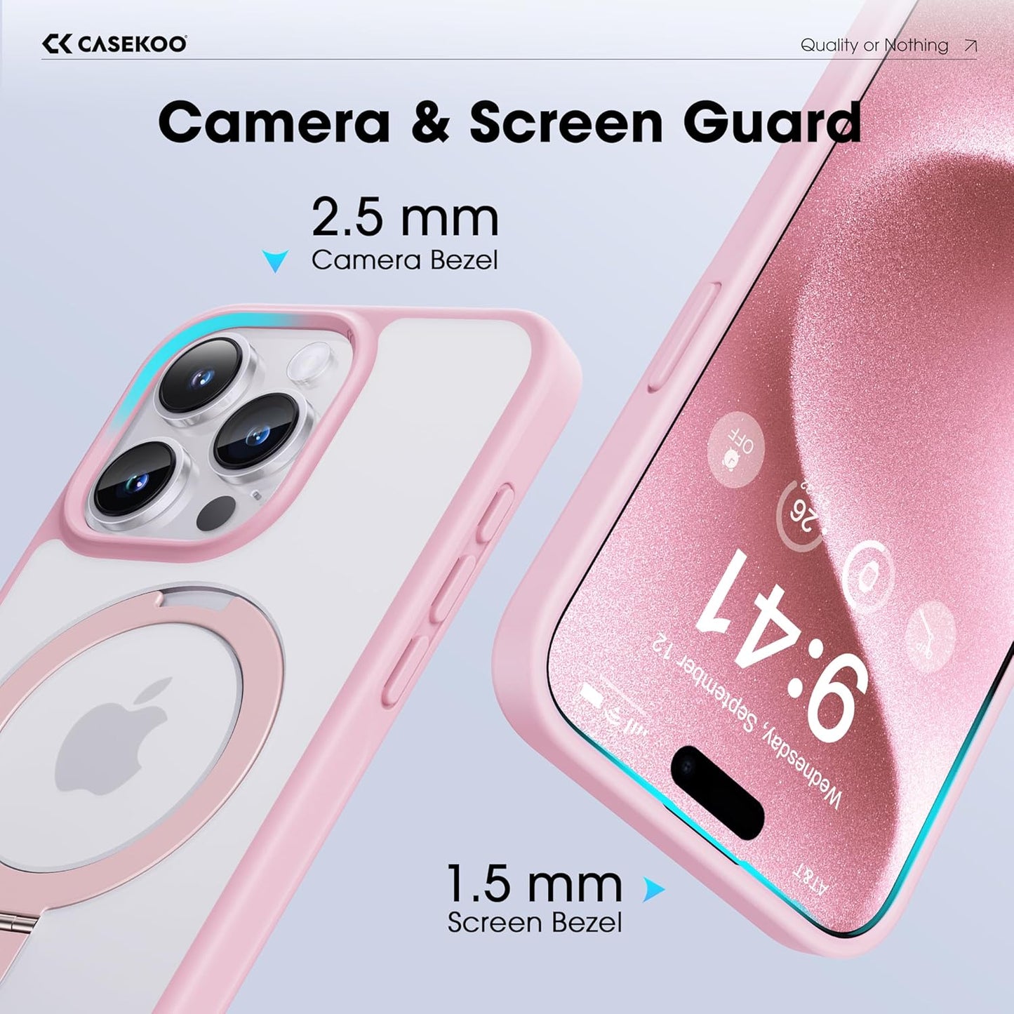 CASEKOO Designed for iPhone 15 Pro Case with Magnetic Invisible Stand [Military Drop Protection] [Compatible with MagSafe] Shockproof Slim Translucent Matte Pro Case 6.1 Inch, Pink