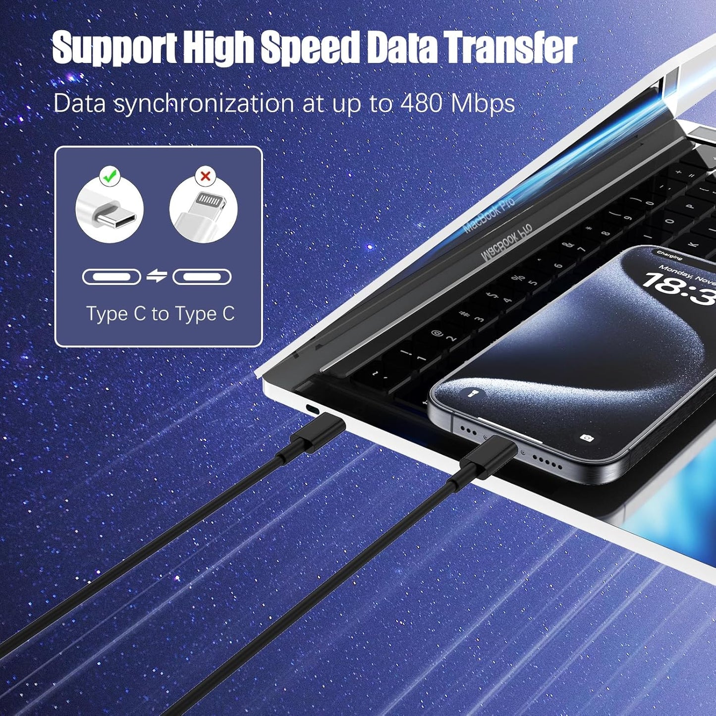 3-Pack Black 10FT 60W USB C to USB C Cable, Type C to Type C Cable,Fast Charging Cable for iPhone 16 15 Pro Plus Pro Max，for Galaxy S24 S23, for iPad Pro/Air, for MacBook Pro/Air and More