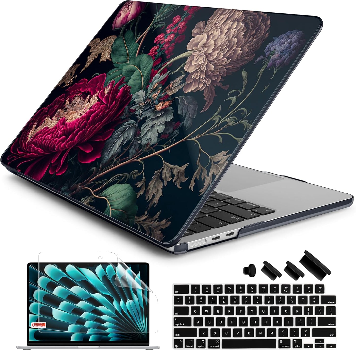 Batianda Premium Case for New MacBook Air 15 inch 2025 2024 2023 with M4 M3 M2 Chip, Designed Black Protective Plastic Hardshell & Keyboard Cover & Screen Protector, Vintage Flower