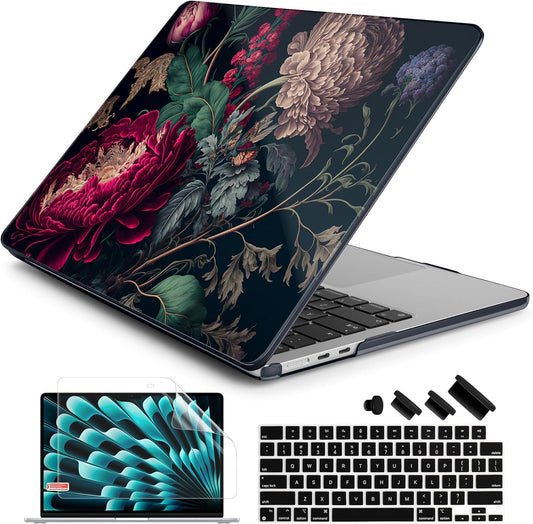 Batianda Premium Case for New MacBook Air 15 inch 2025 2024 2023 with M4 M3 M2 Chip, Designed Black Protective Plastic Hardshell & Keyboard Cover & Screen Protector, Vintage Flower