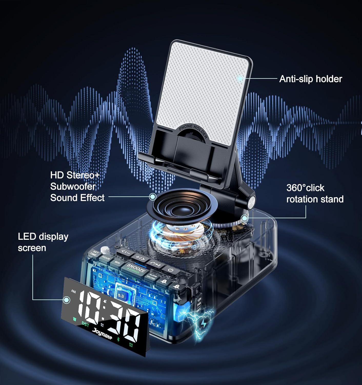 Gifts for Men and Women, Phone Stand with Bluetooth Speaker and 360° Rotable Angel Adjustable Cell Phone Holder for Home Office with HD Subwoofer Sound Fits All Phones,Tablets (Black)