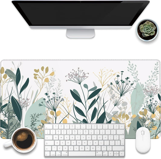 Desk Mat, Green Gold Plant Leaves Desk Pad, Wildflowers Large Gaming Mouse Pad for Desk, 31.5"x15.7" Extended Big Computer Keyboard Mouse Pad with Non-Slip Base and Stitched Edge