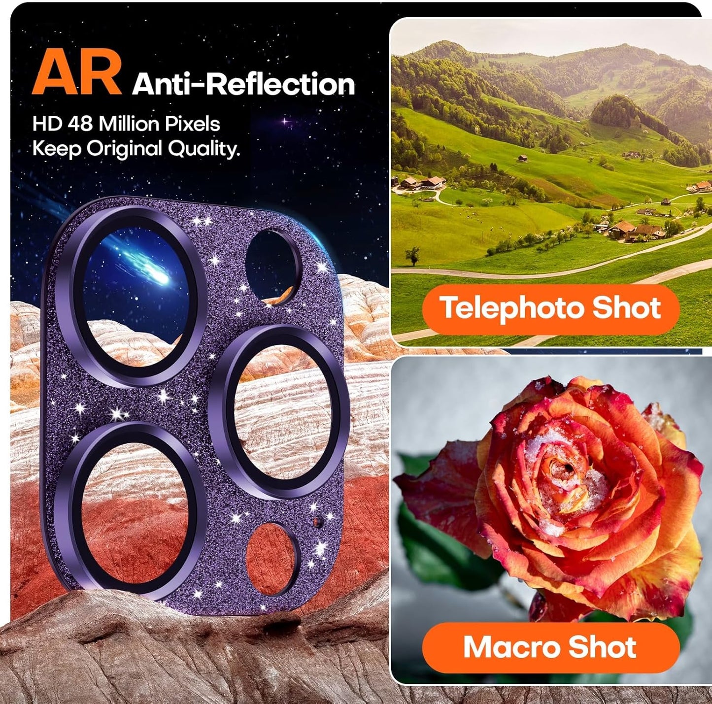 Camera Lens Protector for iPhone 16 Pro Max/16 Pro/15 Pro Max/15 Pro/14 Pro Max/14 Pro, Aluminum Alloy Sapphire Glass Camera Screen Cover, Case Friendly- Glitter Purple