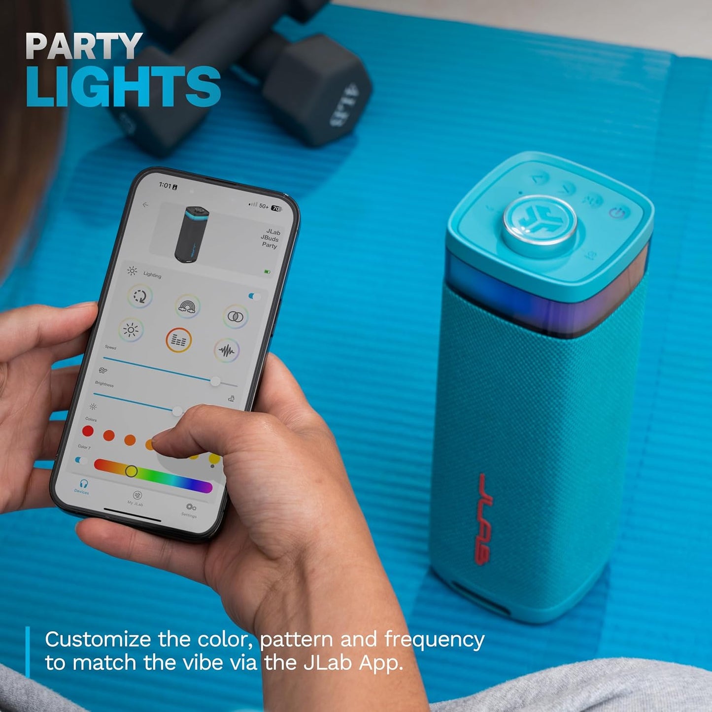 JLab JBuds Party Portable Bluetooth Speaker, 2 Full-Range Drivers + 2 Passive Woofers, IP56 Waterproof, 12 Hours Playtime, Connect Multiple Speakers, Custom Sound + RGB Lighting via App, Cyan