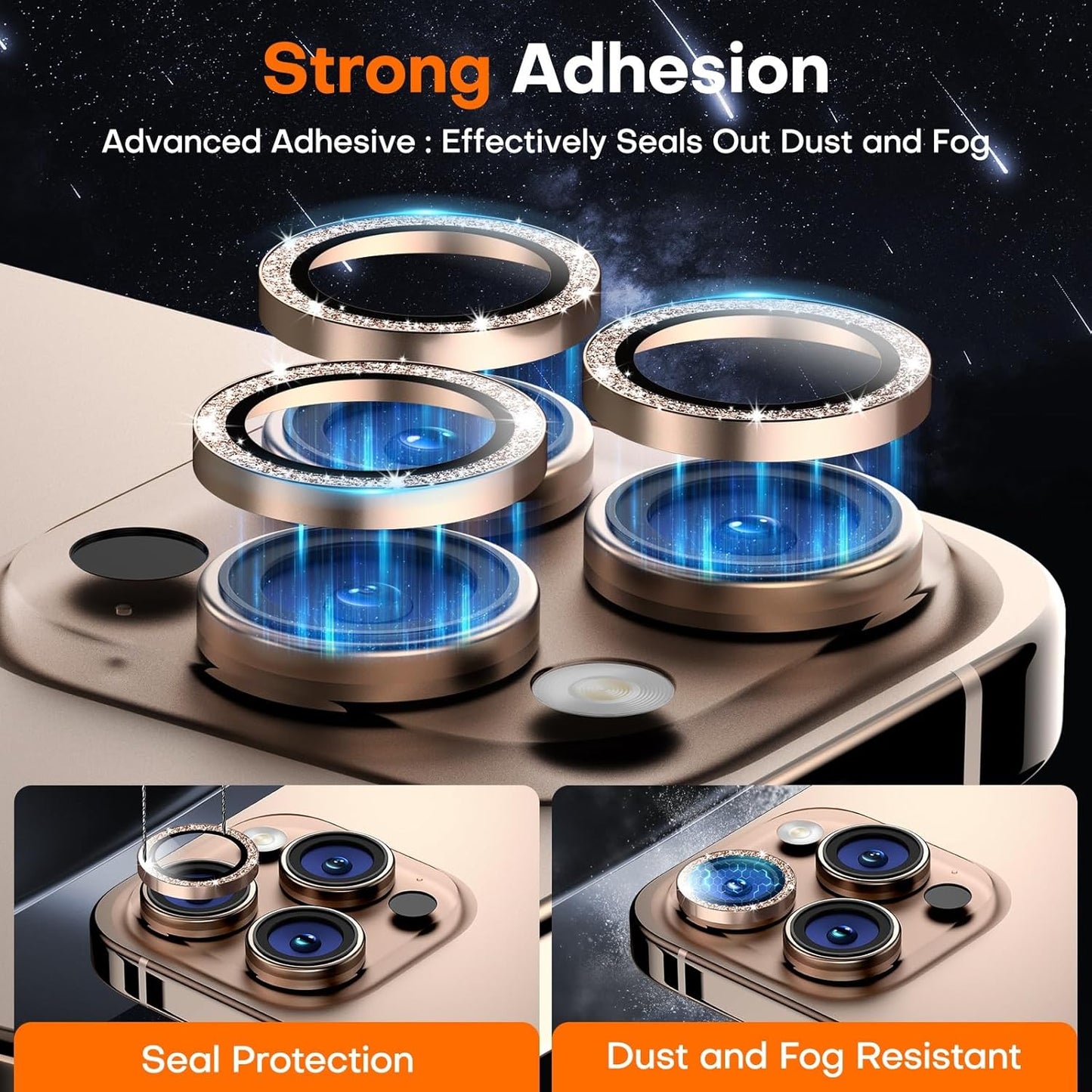 Camera Lens Protector for iPhone 16 Pro Max/16 Pro/15 Pro Max/15 Pro/14 Pro Max/14 Pro, Sapphire Glass Metal Individual Camera Cover Screen, Anti-drop, Case Friendly- Glitter Desert Titanium