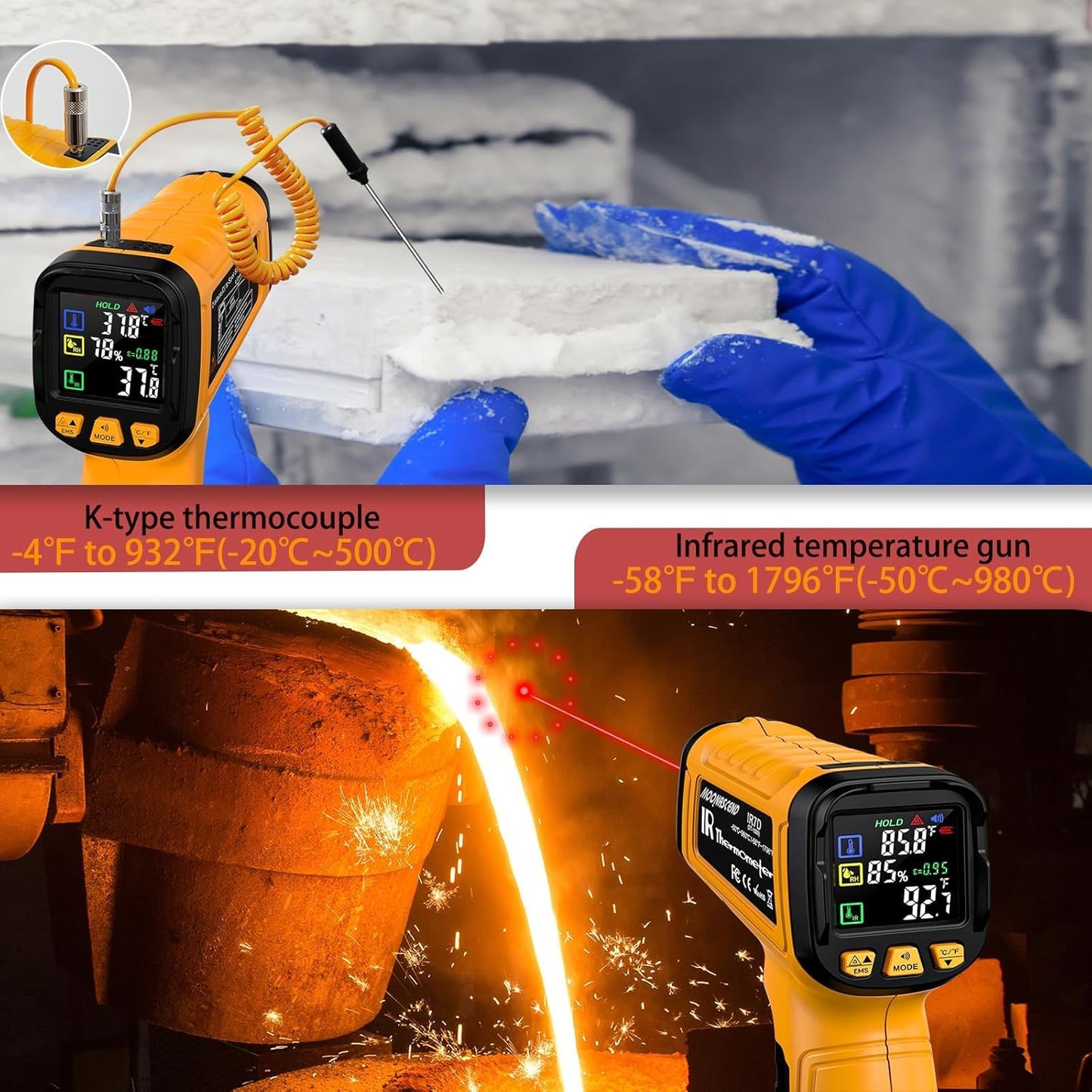 Infrared Thermometer Temperature Gun -58°F to 1796°F, 50:1 Dual-Mode Temp Guns with K-Type Thermocouple for Internal Readings, HVAC Contactless Lazer IR Thermometers for Home & Industry