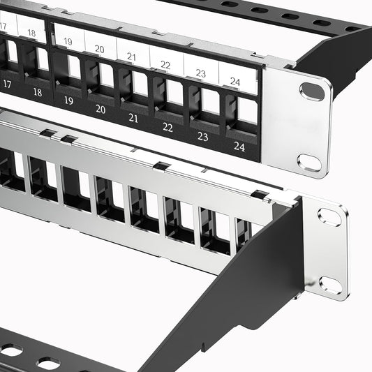 Jadaol 24 Port Blank Patch Panel, 1U 19inch Rack/Wall Mount Patch Panel with Cable Management Bar, Compatible with Cat6 Keystone Jacks, HDMI, Coax, USB, Fiber, Audio Keystone Jacks