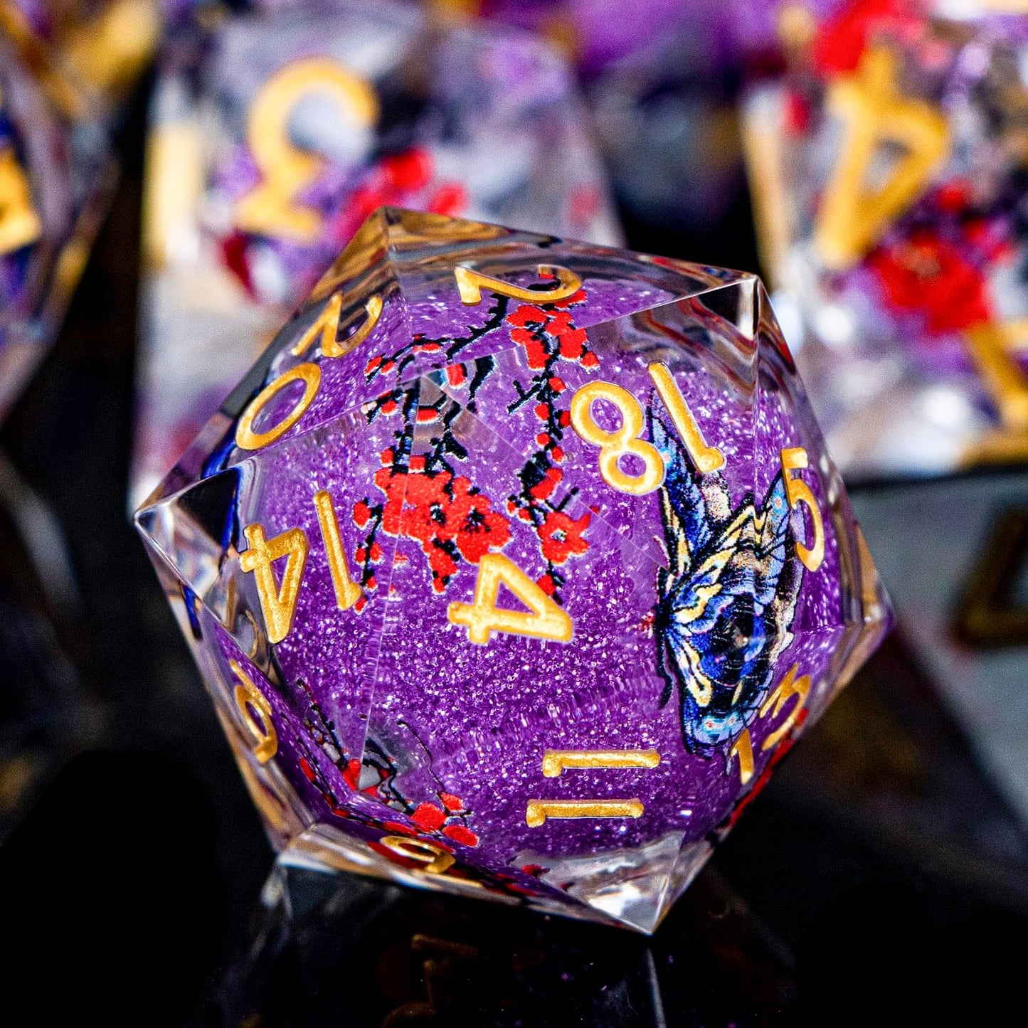 Butterfly DND Dice Purple Liquid Core Dice Set with Metal Box, Handmade Sharp Edge D and D Polyhedral Dice for use with D&D Role Playing Game, D20 D12 D10 D8 D6