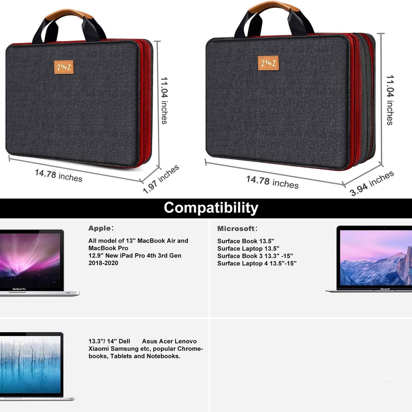 ZINZ Laptop Case Computer Sleeve Briefcase with Multi-pockets for 11.6 12.9 13 13.3 14 15 15.6 16 inch Notebooks