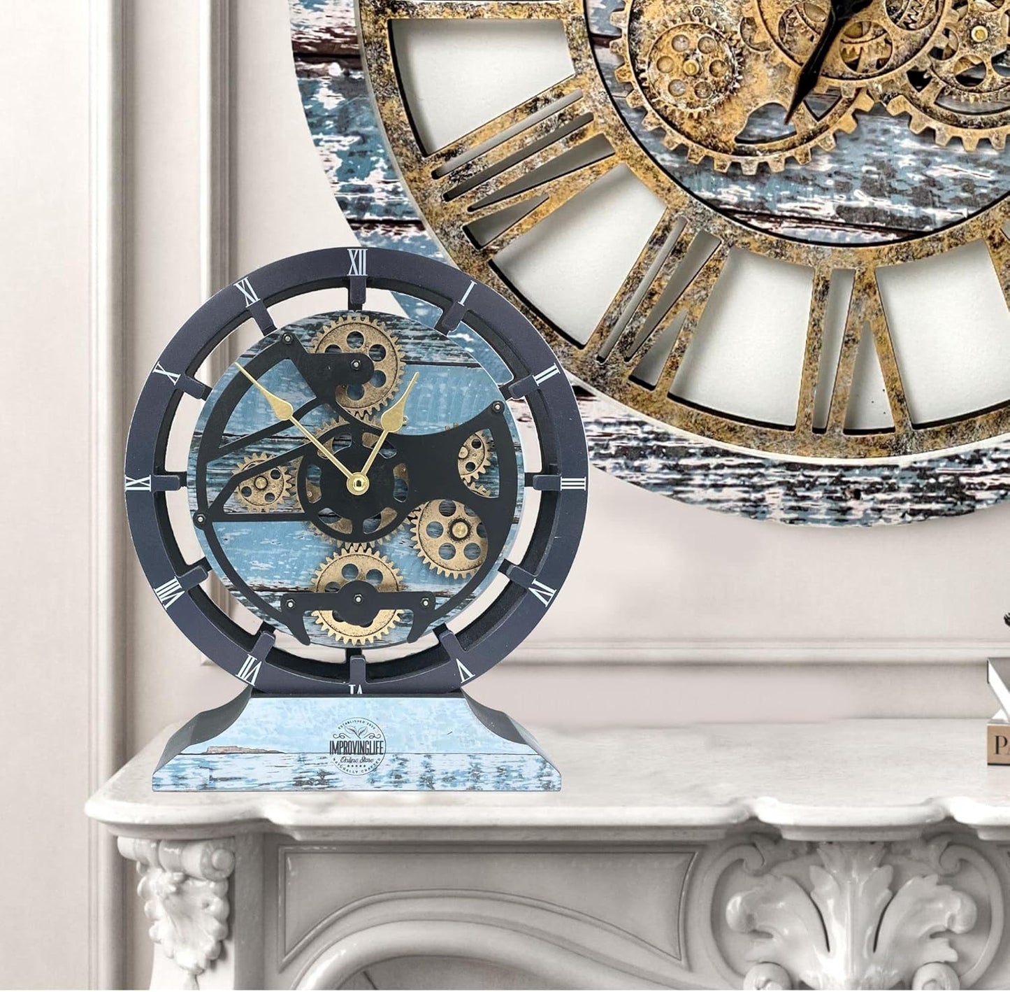 ImprovingLife The Gears Clock Desk Clock 10 inches with Real Moving Gears Convertible into Wall Clock (Aqua Green)