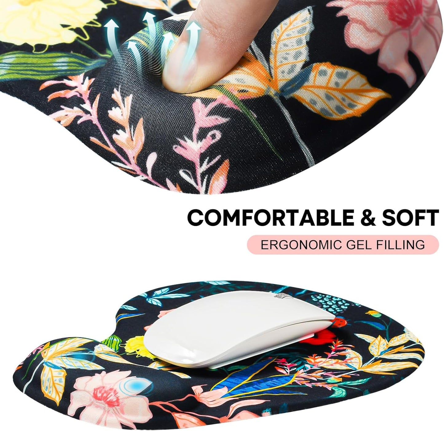 JIKIOU Mouse Pad, 2 Pack Ergonomic Mouse Pads with Comfortable Gel Wrist Rest Support and Smooth Cloth, Non-Slip PU Base for Easy Typing Pain Relief Durable and Easy to Clean Small Black Flowers