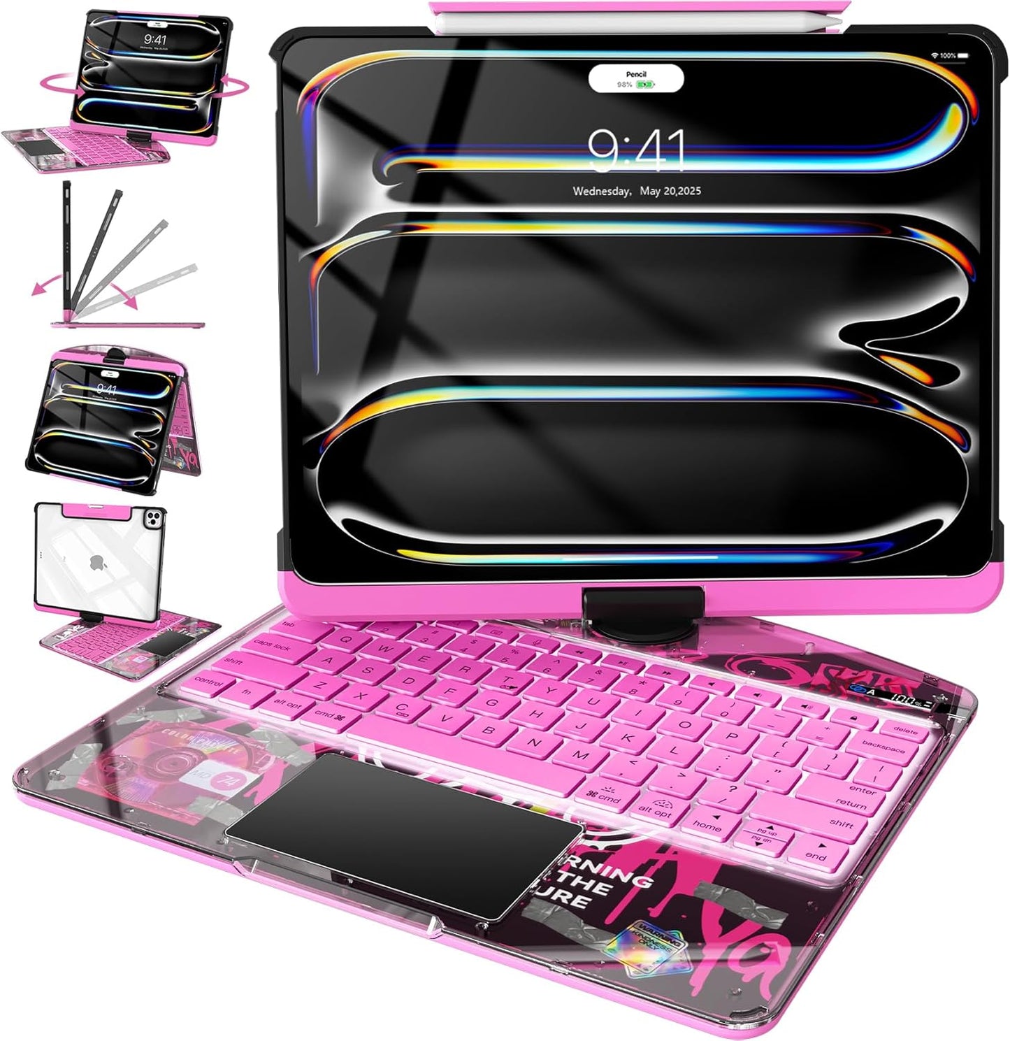 Intermerge iPad Pro 11-inch (M4, 2024) Transparent Keyboard Case, 360° Rotating Multi-Touch Trackpad, 7-Color Backlit Keyboard, Pencil Holder, Type-C Charging, Blush Pulse