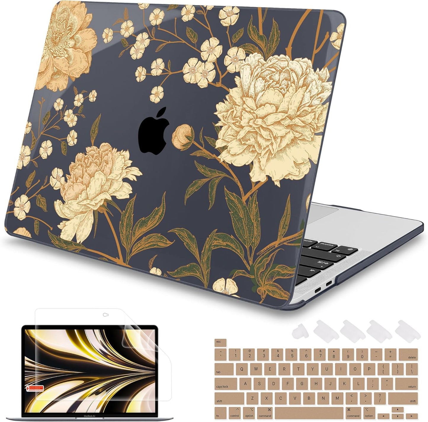 Mektron Case for MacBook Pro 16 Inch A2141 Cover 2019 Release 16" with Liquid Retina Display/Touch ID, Plastic Hard Shell with Keyboard Skin & Screen Protector & Dust Plug, Peony Flowers C186