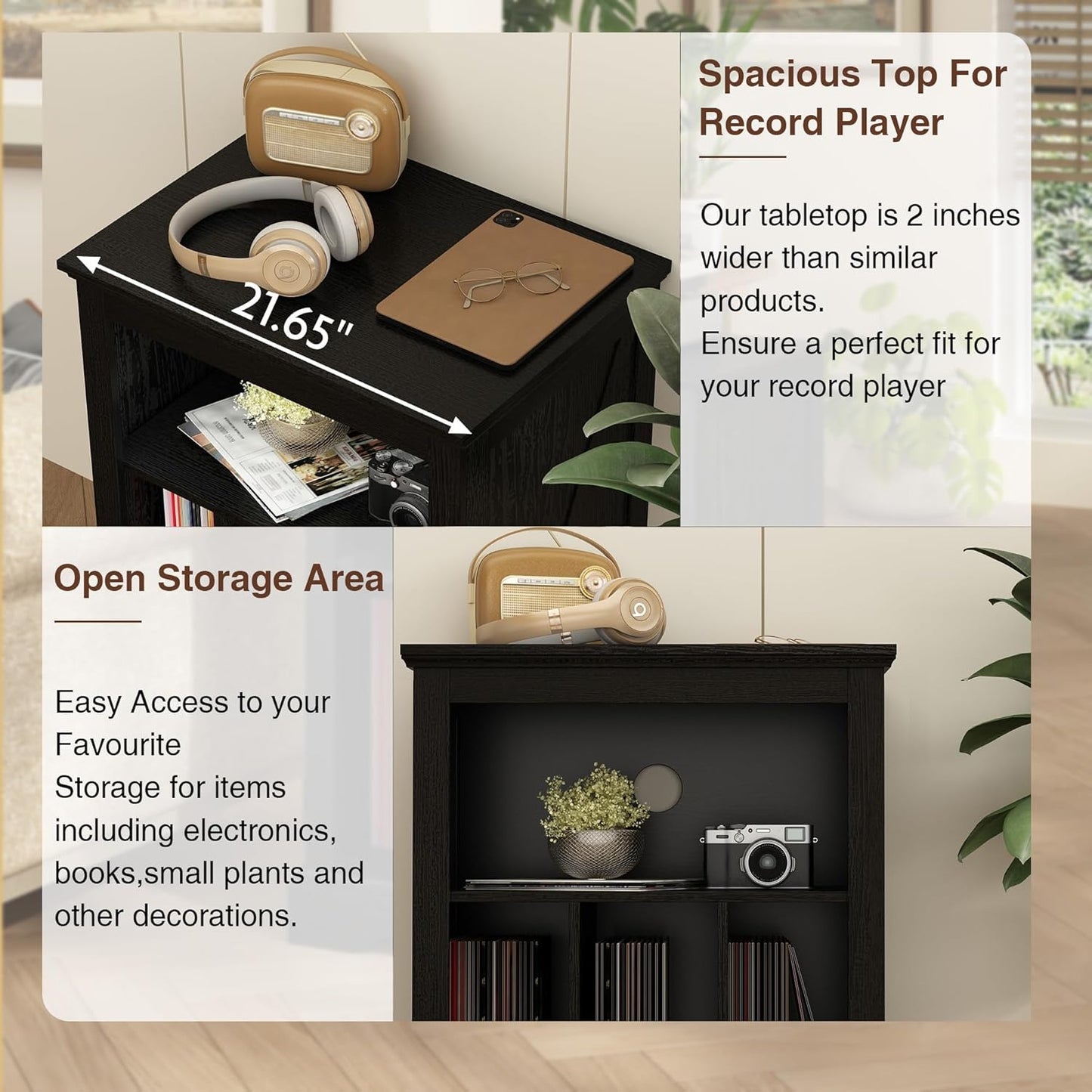 Farmhouse Record Player Stand, 3 Tier Turntable Stand with Vinyl Record Storage ,Wood Record Holder Cabinet Dispaly Shelf for Living Room,Bedroom,Office,Black