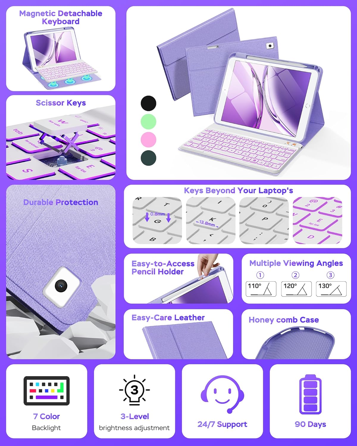 Keyboard Case for iPad 9th 8th 7th Generation 10.2" - 7 Colors Backlit Detachable Folio Keyboard Cover with Pencil Holder for iPad Pro 10.5" / iPad Air 3rd Gen (Purple)