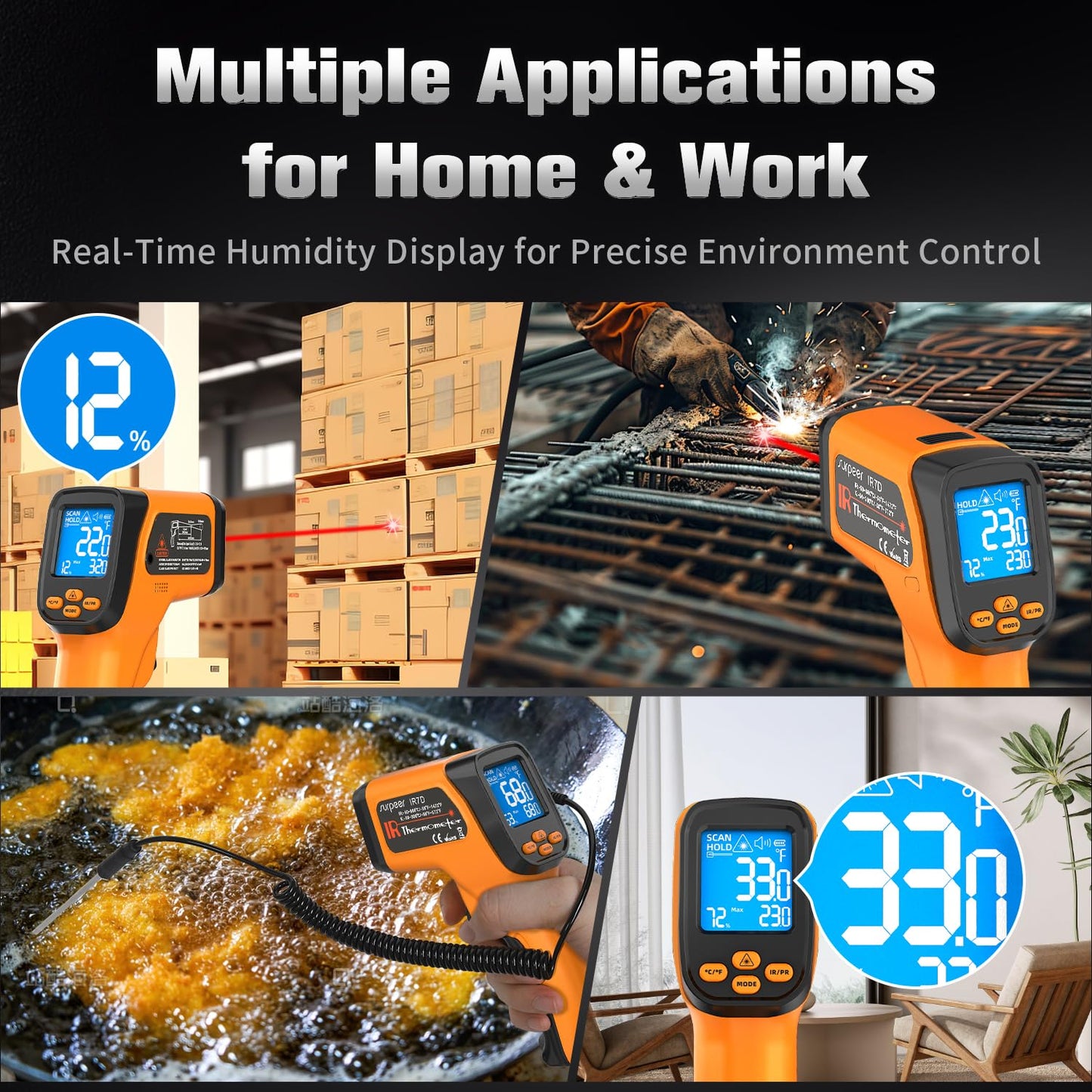 Infrared Thermometer Temperature Gun, Non-Contact Digital Laser Temp -58°F to 1472°F, K-Type Probe -58°F to 572°F, for Cooking, Pizza Oven, BBQ, HVAC, Home & Industrial