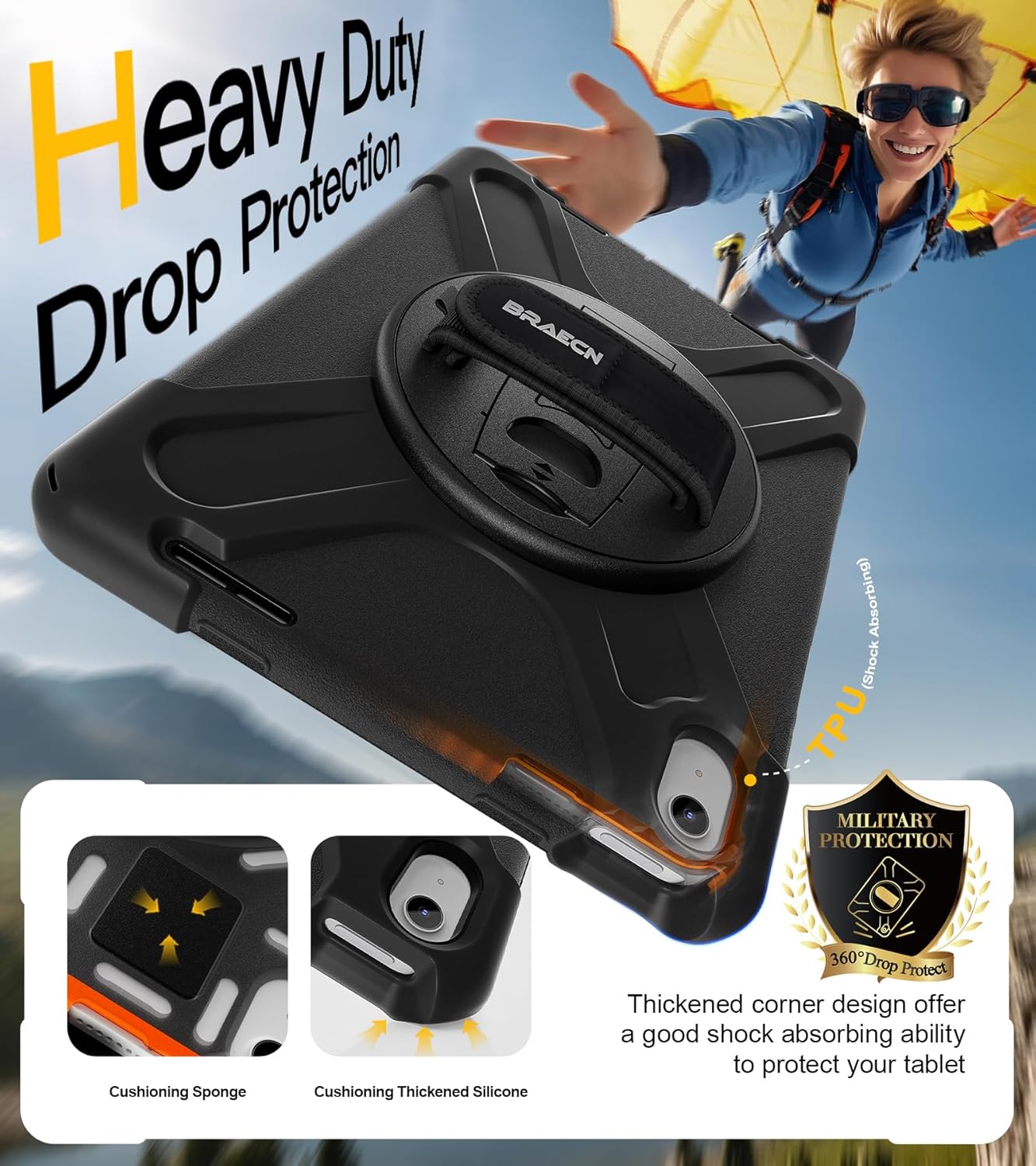 BRAECN for iPad (A16) 11th/10th Generation case 11/10.9 inch 2025/2022 Heavy Duty Shockproof Protective with Pencil Holder Screen Protector 360°Rotating Stand Handle & Shoulder Strap Full Body Cover