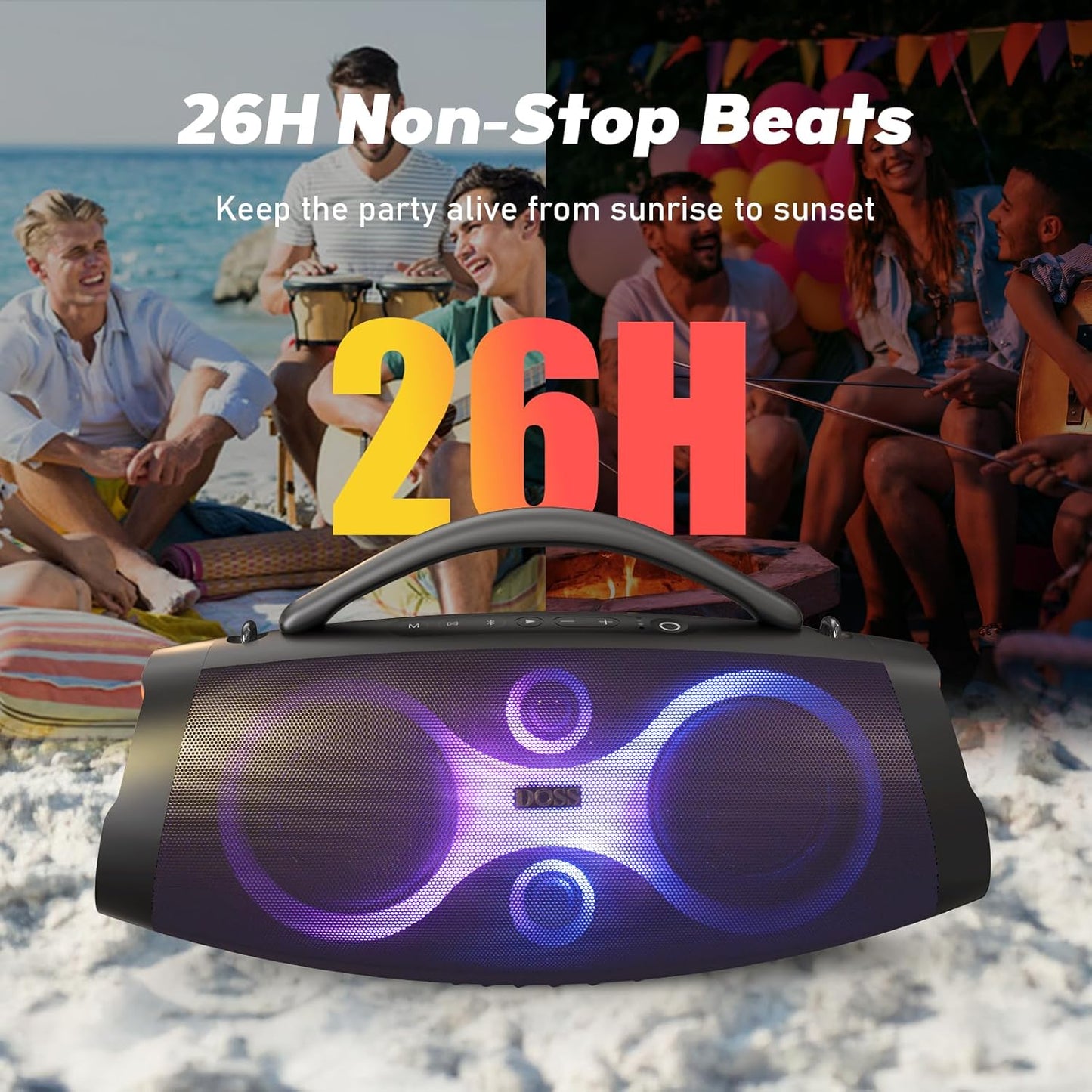 DOSS Extreme Boom Pro D200 240W Peak Outdoor Speaker, Punchy Bass, 26H Playtime, Beat-Synced Light, BT5.4, Stereo Pairing, IPX6 Waterproof for Camping, Beach, Tailgate Party-Black