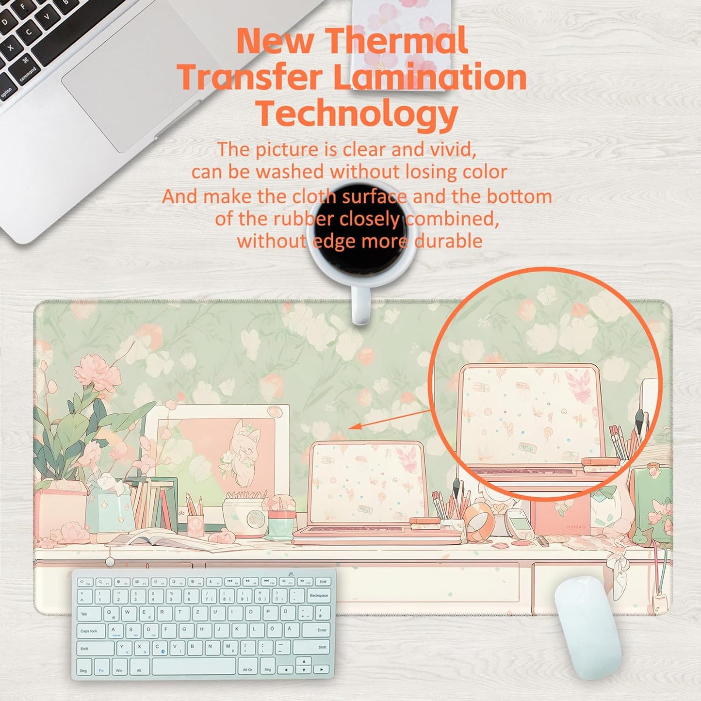 Desk Pad, Kawaii Anime Style Desk Mat, Green Cute Desktop Large Gaming Mouse Pad for Desk, 31.5"x15.7" Extended Big Computer Keyboard Mouse Pad with Non-Slip Base and Stitched Edge