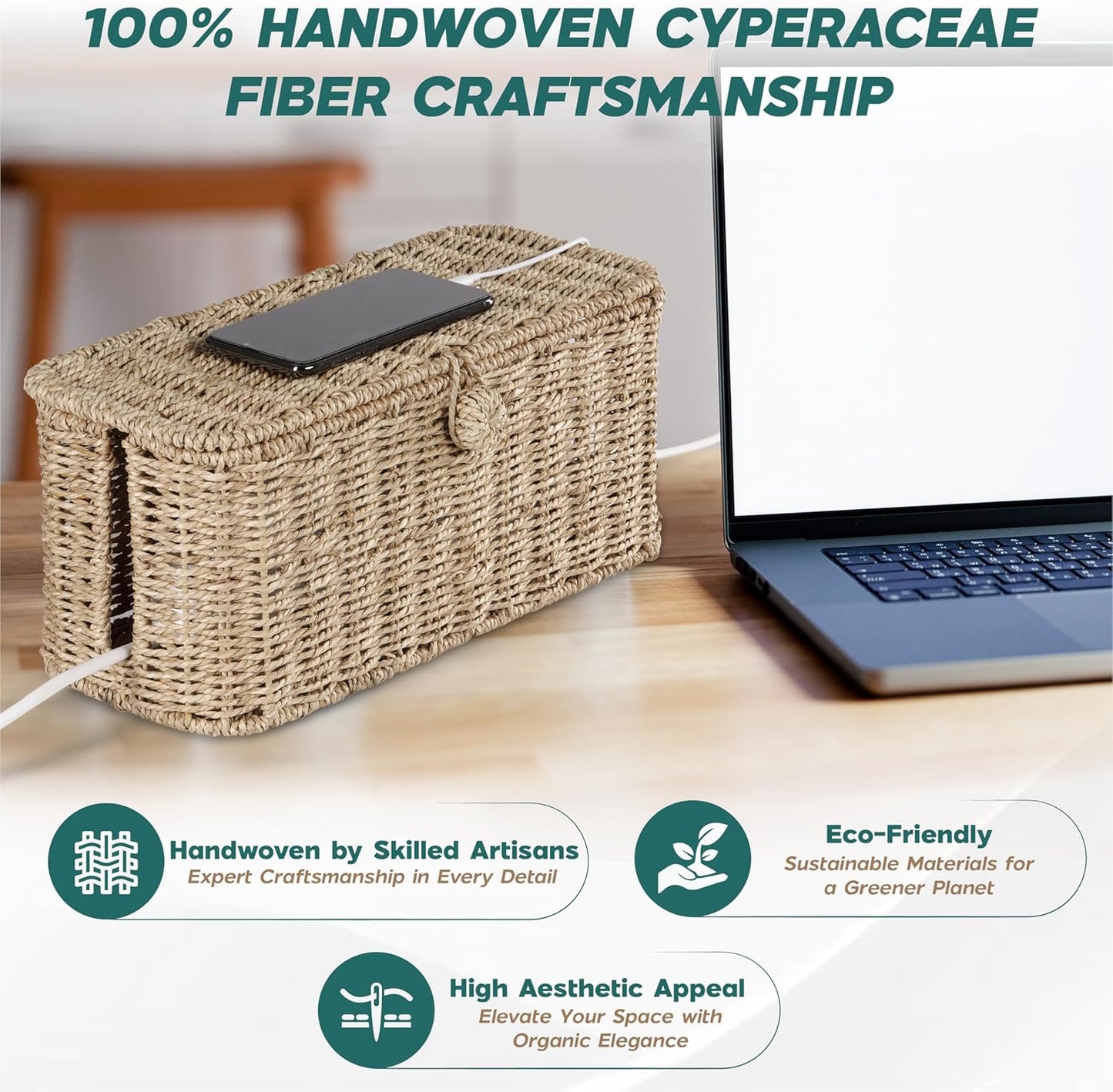 BLUEWEST Large Cable Management Box, Natural Rattan Cable Cord Organizer Boxes for Power Strip – 2 Open Slots Cords Hider Box for TV Wires, Computer, Router, USB Hub and Under Desk Power Strip