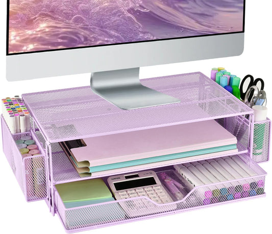 AUPSEN Computer Monitor Stands Riser，2-Tier Desk Organizers and Accessories, Office Desk Accessories Organizer with Drawers and 2 Pen Holder for Office Supplies (Purple)