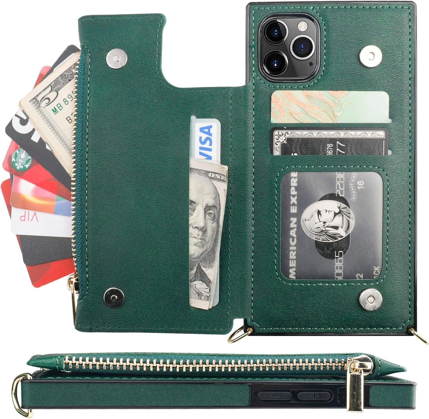 Bocasal Crossbody Wallet Case for iPhone 11 Pro with Card Holder,Zipper Card Slot Protector Shockproof Purse Cover with Removable Cross Body Strap 5.8 Inch(Green)
