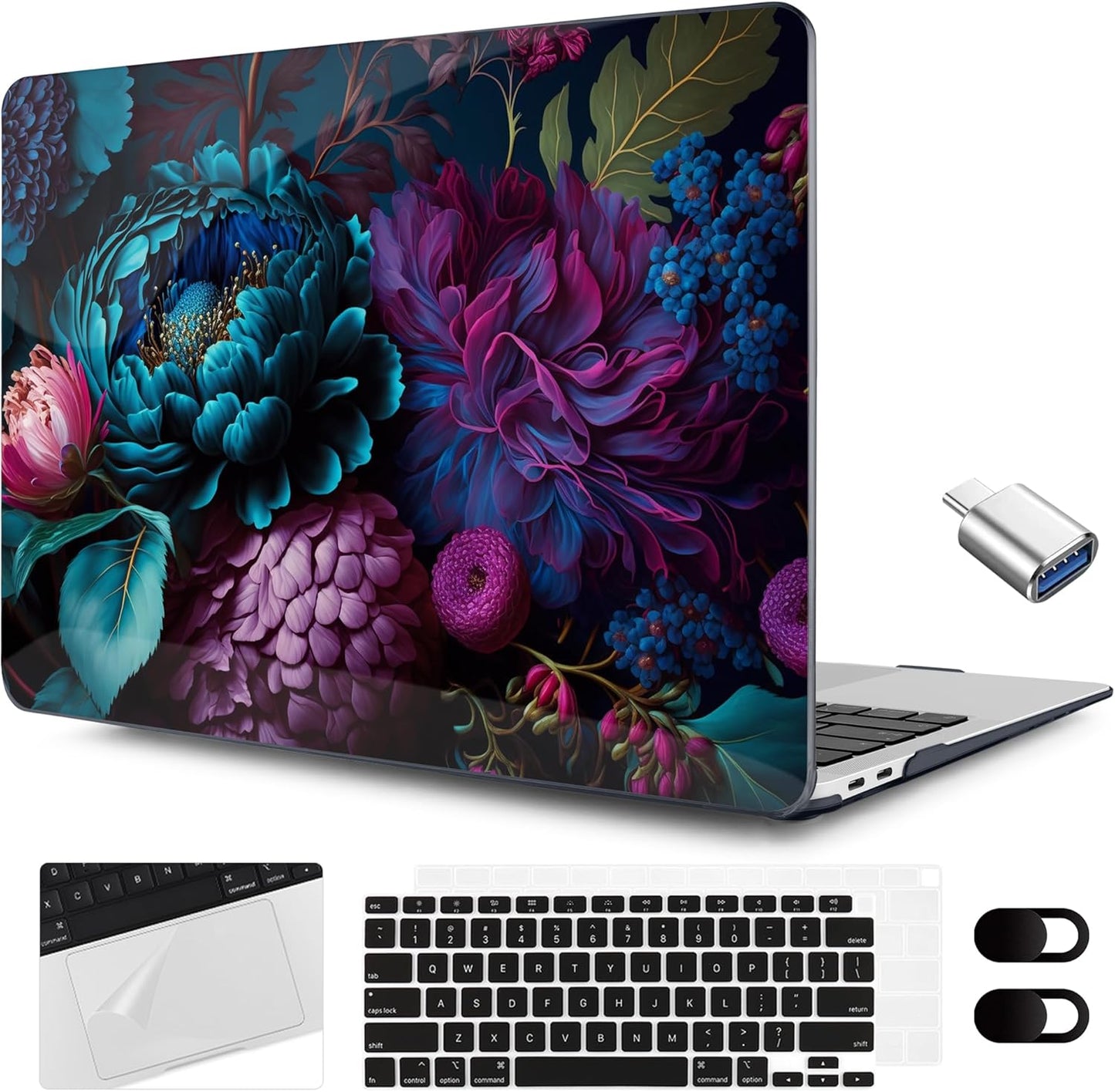 MEEgoodo for MacBook Air 13.3 inch Case 2021 2020 2019 2018 A2337 M1 A2179 A1932, Hard Shell with Keyboard Webcam Cover & Trackpad Film & Type C Adapter for MacBook Air M1, Beautiful Fantasy Flower