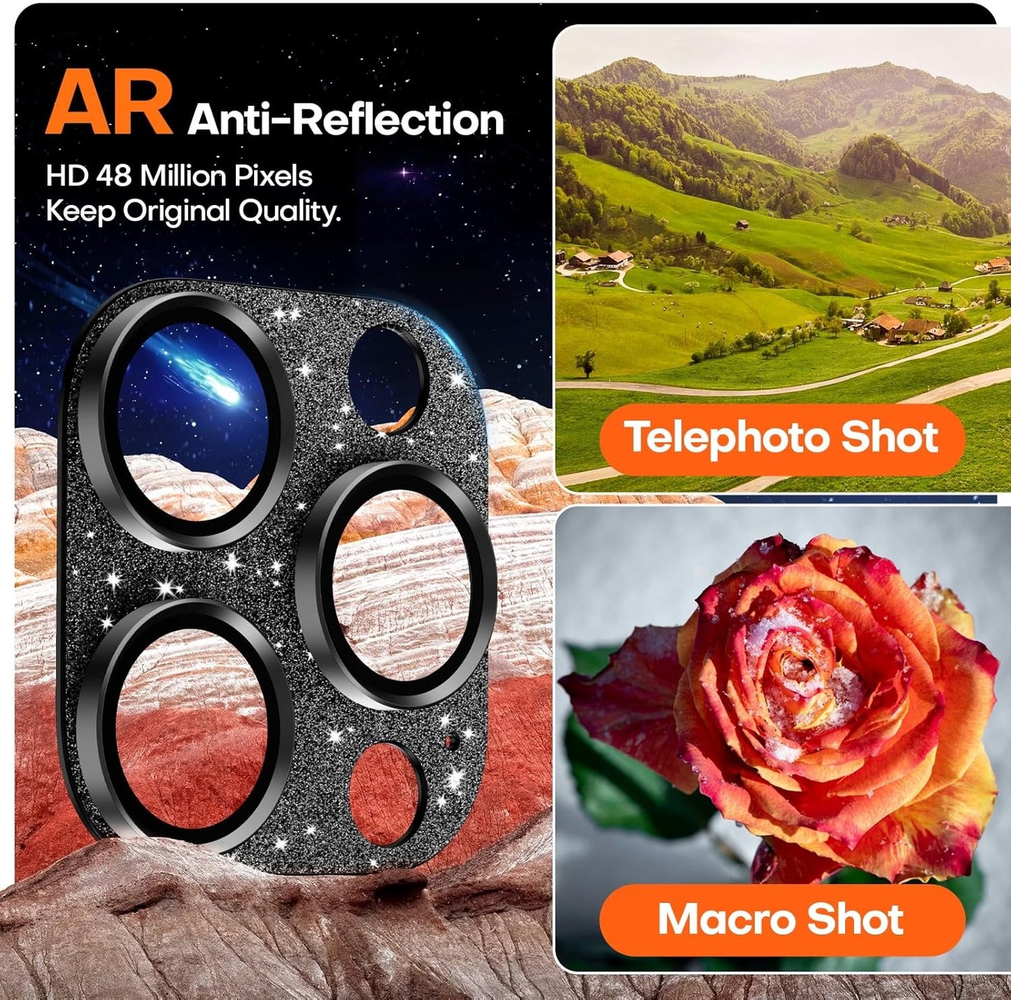 Camera Lens Protector for iPhone 16 Pro Max/16 Pro/15 Pro Max/15 Pro/14 Pro Max/14 Pro, Aluminum Alloy Sapphire Glass Camera Screen Cover, Case Friendly- Glitter Black