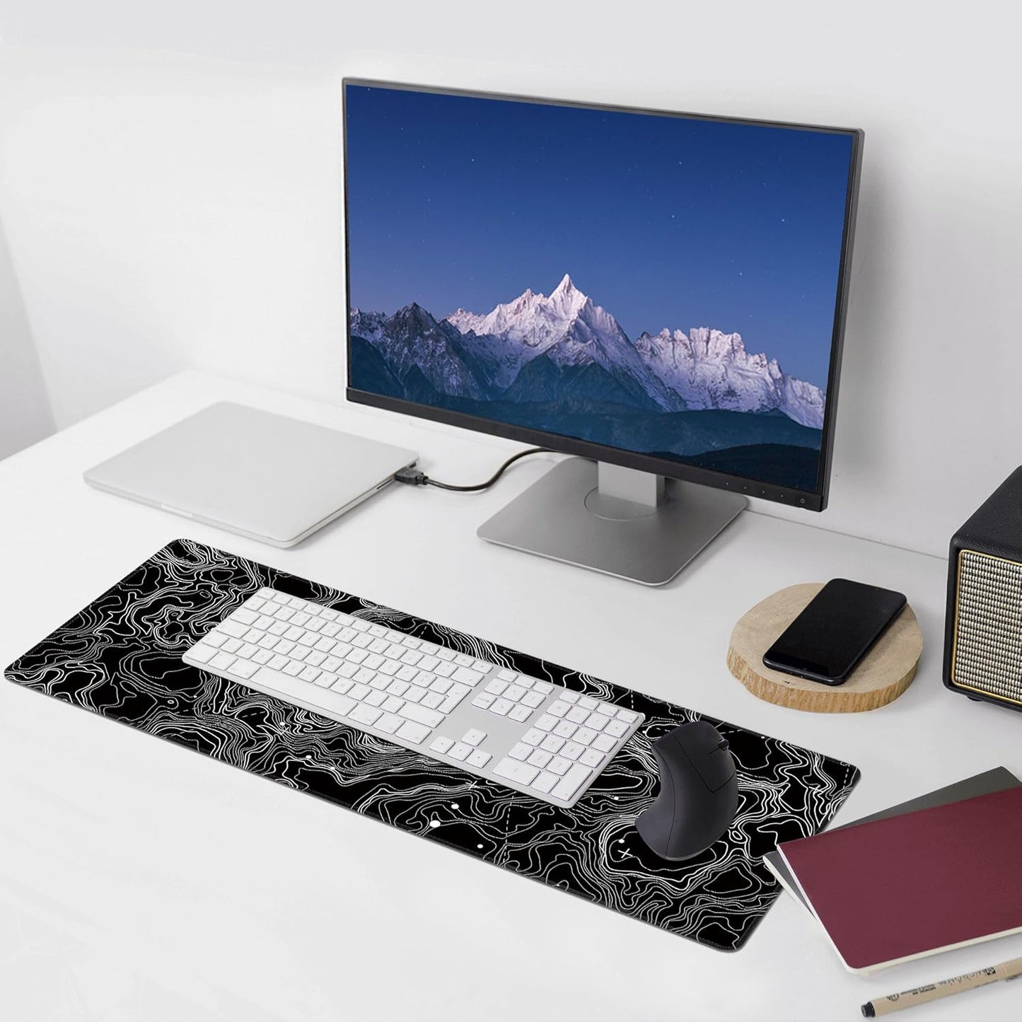 Black with White Topographic Line Large Mouse Pad,Gaming Keyboard Desk Pad,Extended Mouse Mat Non-Slip Rubber Base with Stitched Edges for Office Game Home XL 31.5"x11.8"