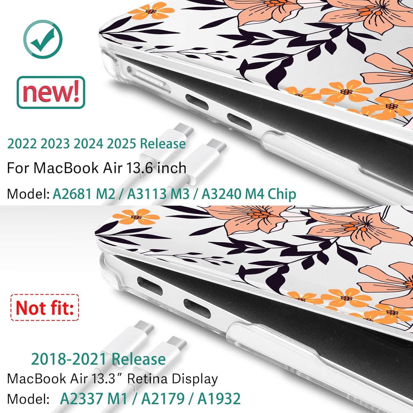 May Chen for MacBook Air 13.6 inch Case A3240 M4 A3113 M3 A2681 M2 with Retina Dispaly, 2025 2024 2023 2022 Release, Plastic Hard Shell Case with Screen Protector & Keyboard Cover, Elegant Floral