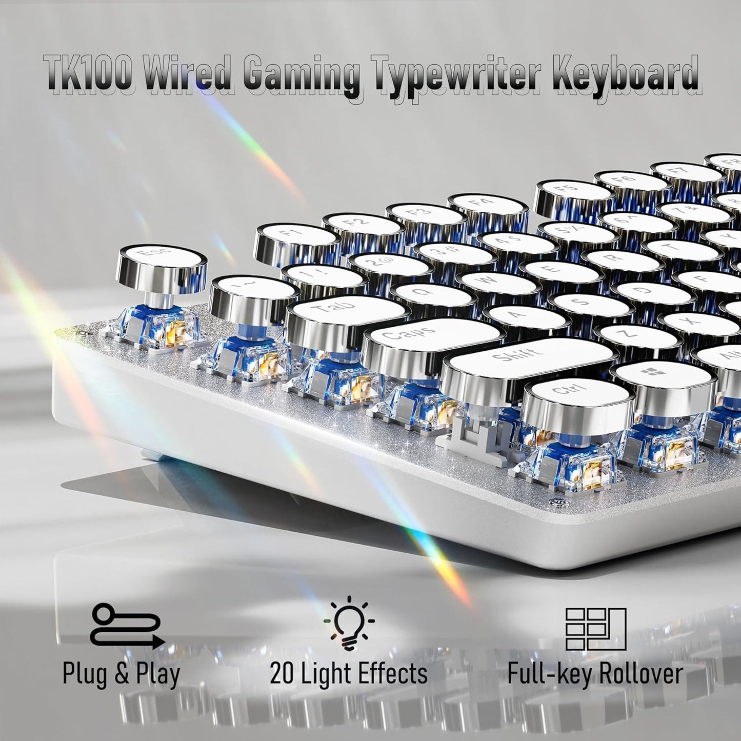 EWEADN TK100 Typewriter Style Wired Mechanical Keyboard, 104 Keys Aesthetic Typewriter Keyboard with White Backlit, Anti-Ghosting, Blue Switch Wired Cute Keyboards-White