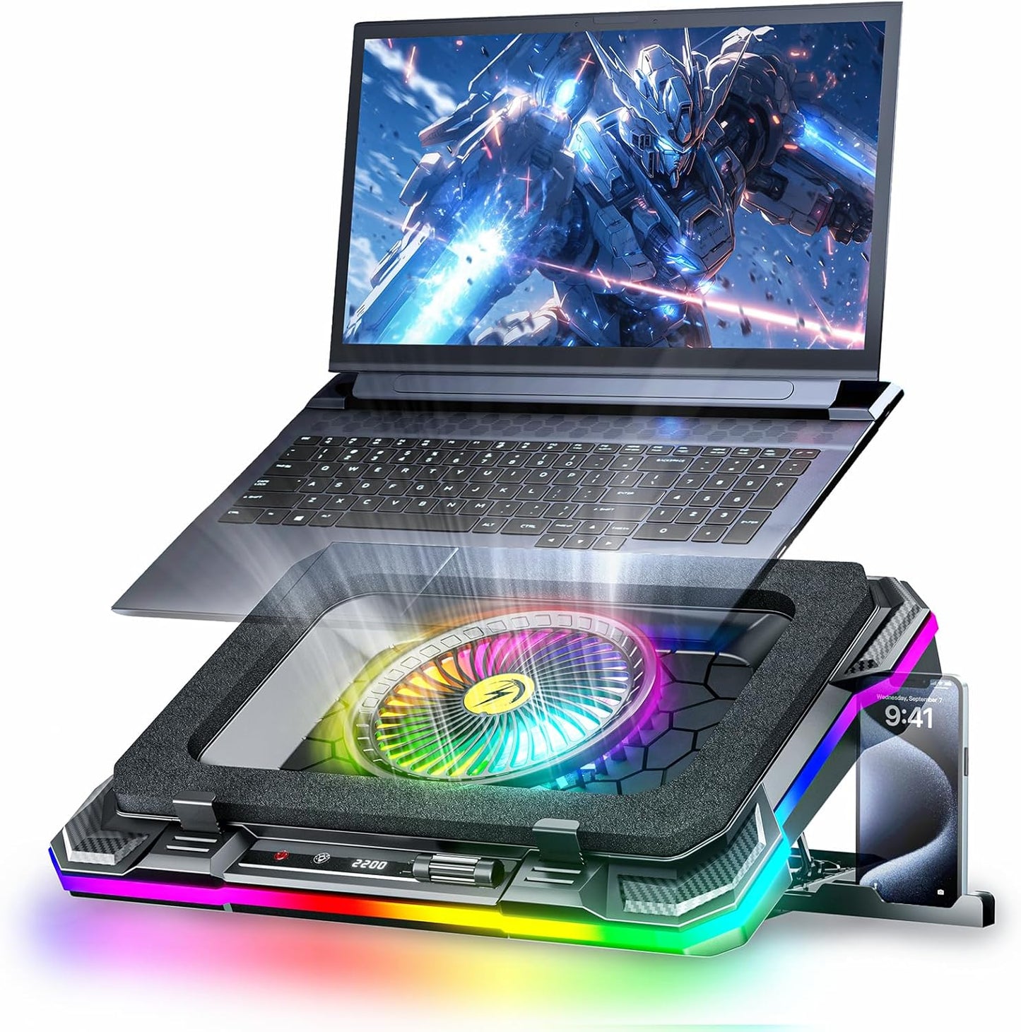 KeiBn Gaming Laptop Cooling Pad, Laptop Fan Cooling Pad with 5.5inch RGB External Fan, Rapid Cooling Laptop 15.6-19.3inch, 8 Height Stands, 2 USB Ports, Phone Holder-K1 5V RGB