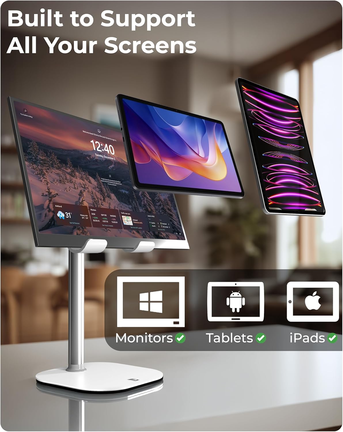 COOPER TabHolder, 7-10" Height Adjustable Tablet Stand, Premium iPad Stand for Desk, 270° Tilt Portable Monitor Holder for 15.6-17" Displays, for All iPad, Kindle, Surface, Samsung Tablets (White)