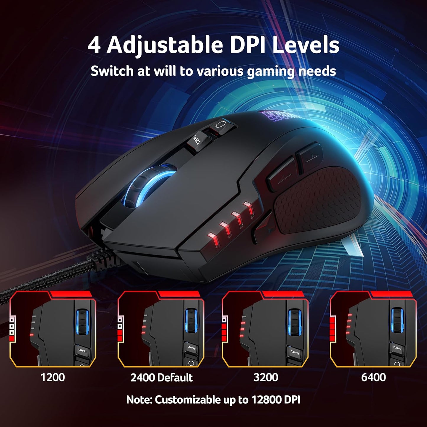 acer Wired Gaming Mouse, 12,800 DPI RGB Ergonomic Computer Mouse with Optical Sensor, 8 Programmable Buttons, 12 Backlit Modes, Software for DIY Keybinds, Rapid Fire, USB Gaming Mice for Laptop, PC
