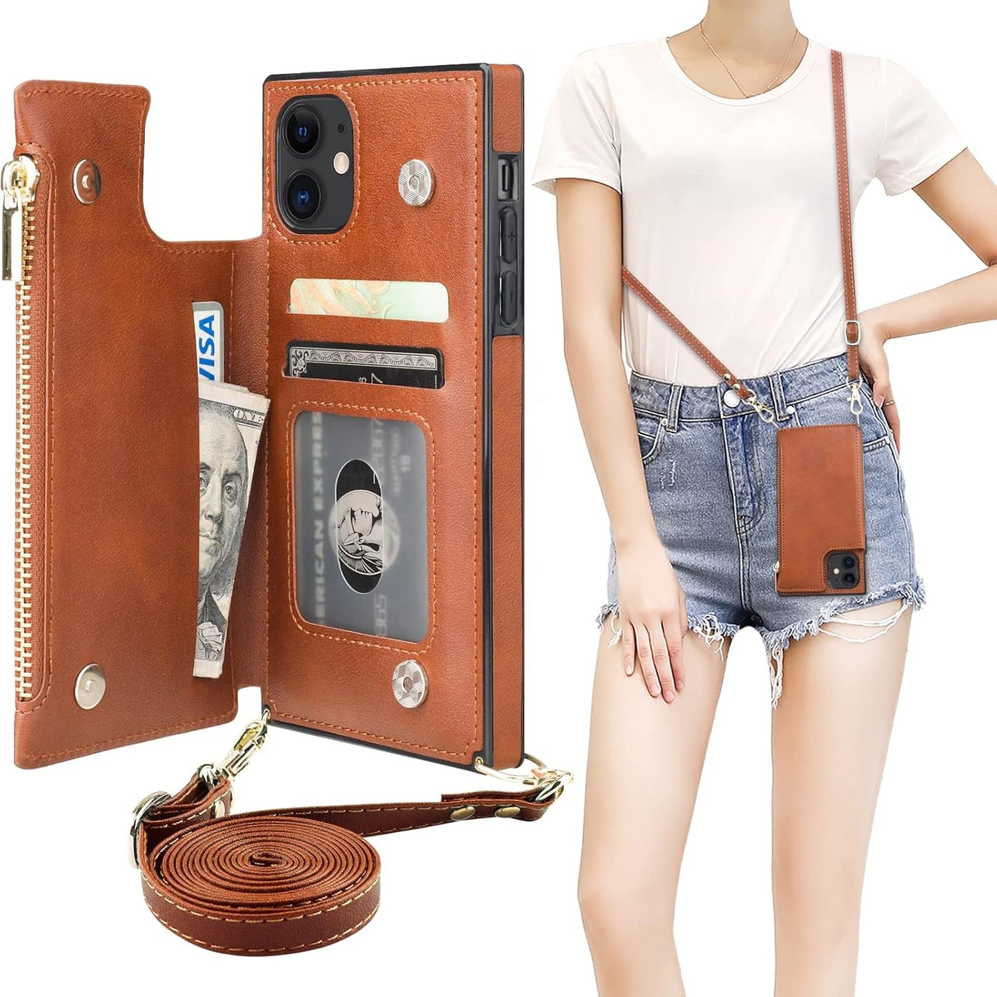 Bocasal Crossbody Wallet Case for iPhone 11 with Card Holder,Zipper Card Slot Protector Shockproof Purse Cover with Removable Cross Body Strap 6.1 Inch(Brown)