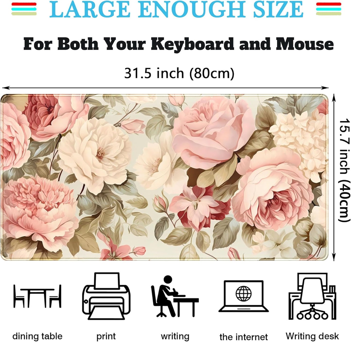Cute Floral Desk Mat Pastel Roses Gaming Mouse Pad XXL Large Extended Flowers Desk Pad, Laptop Keyboard and Mouse Mat with Stitched Edges, Women Computer Desktop Mat Gamer Playmat 31.5x15.7 in