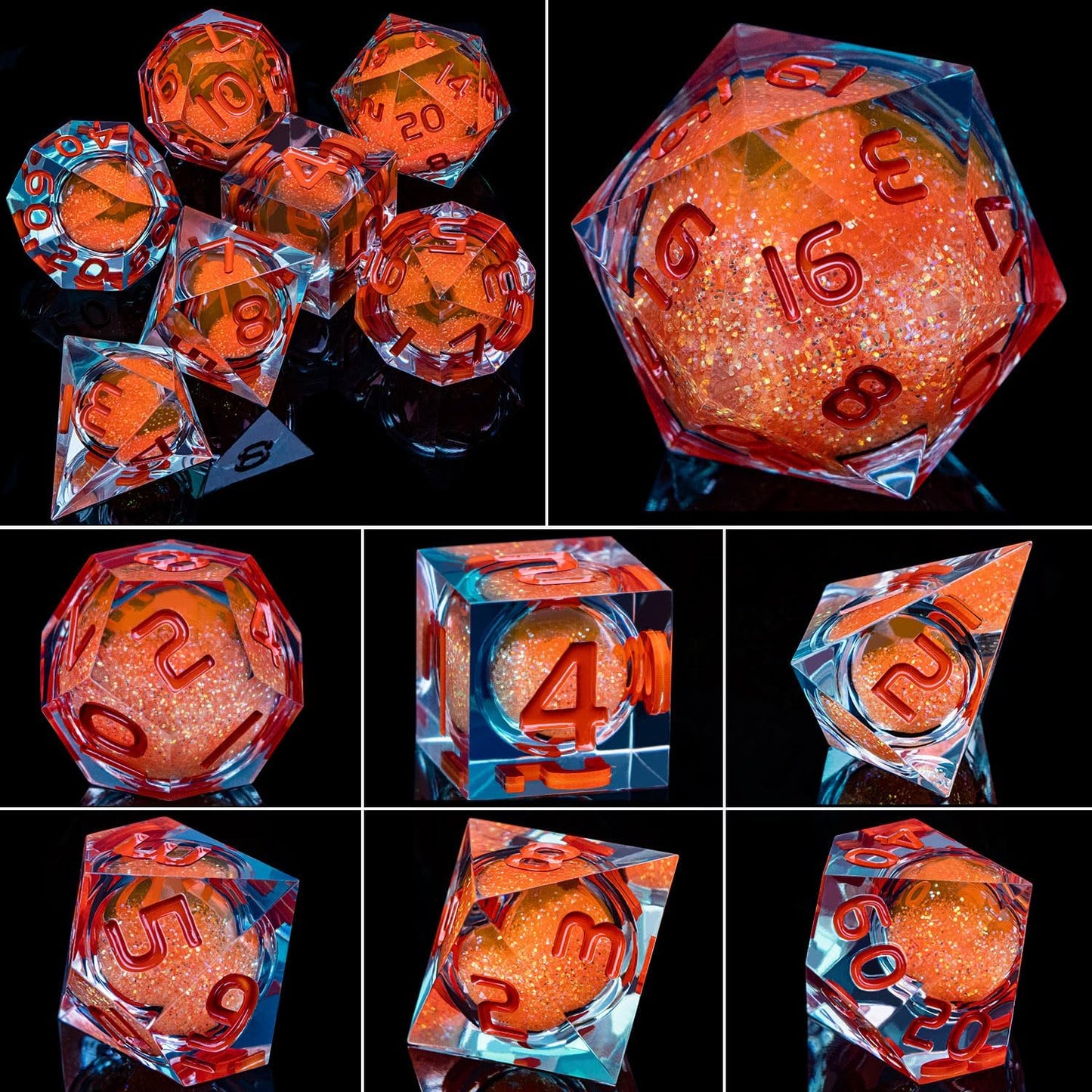 ARUOHHA Liquid Core DND Dice Set, 7pcs Resin Sharp Edged Dragons Dice Role Playing Games, RPG Orange Dungeons Polyhedral Dice with Gift Box D20 D12 D10 D8 D6 D4