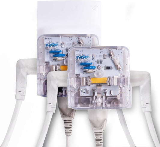 Clamper 3-Outlet Surge Protector 1800 Joules, 1875W, for TV, PC, Xbox, PS5, Refrigerators and Other Appliances (Compact Wall Surge Protector), iCLAMPER Power 3, 2-Pack Clear