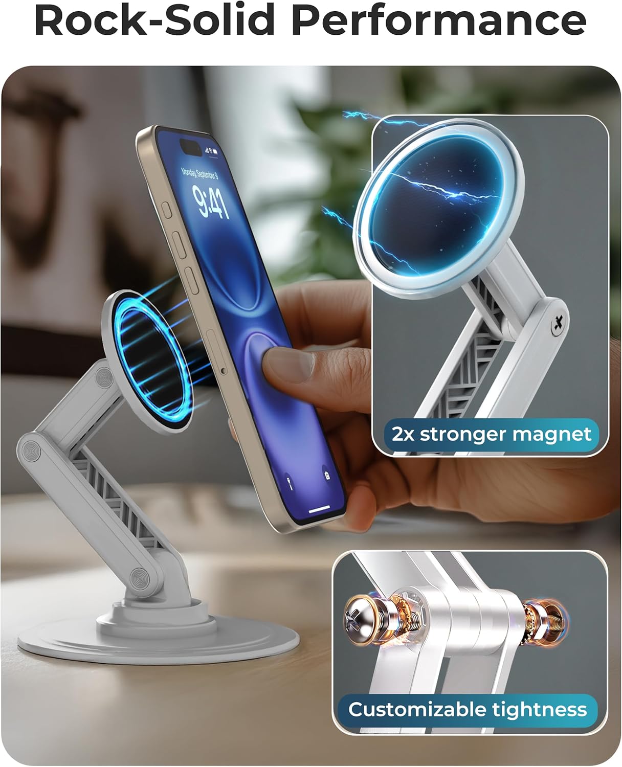 COOPER Magnetic Phone Stand for Desk, Mag360 Adjustable MagSafe Stand for iPhone 16 Pro Max, 15 14 13 12 & Plus | 360° MagSafe Phone Holder, Strong Magnetic MagSafe, Foldable 3-Axis Leg (Cream White)